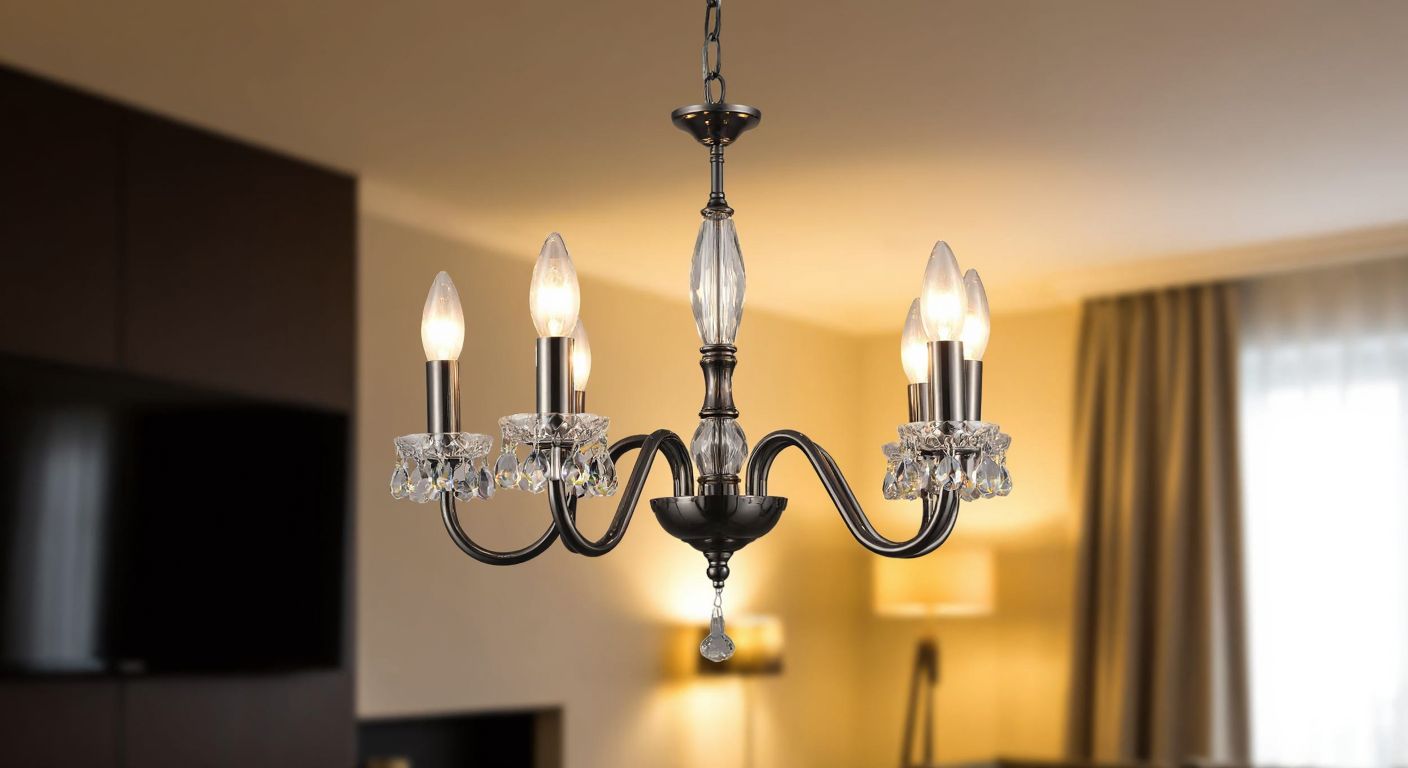 A sleek, modern chandelier with polished metal and crystal glass pieces hangs elegantly in a warmly lit living room, reflecting soft light onto a wooden dining table below.