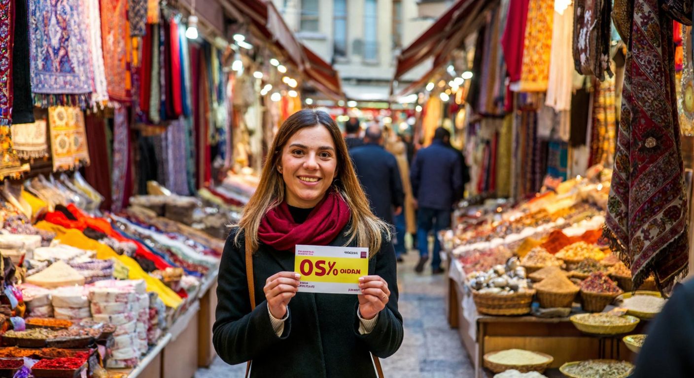 A cheerful shopper in a bustling Turkish bazaar holds up a colorful discount coupon while browsing vibrant stalls filled with textiles, spices, and ceramics.