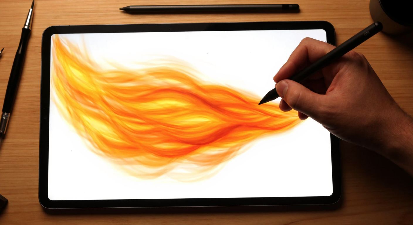 A hand holding a digital stylus over a glowing tablet screen, sketching vibrant orange and yellow flames with dynamic, wispy strokes, surrounded by scattered artistic tools on a wooden desk.