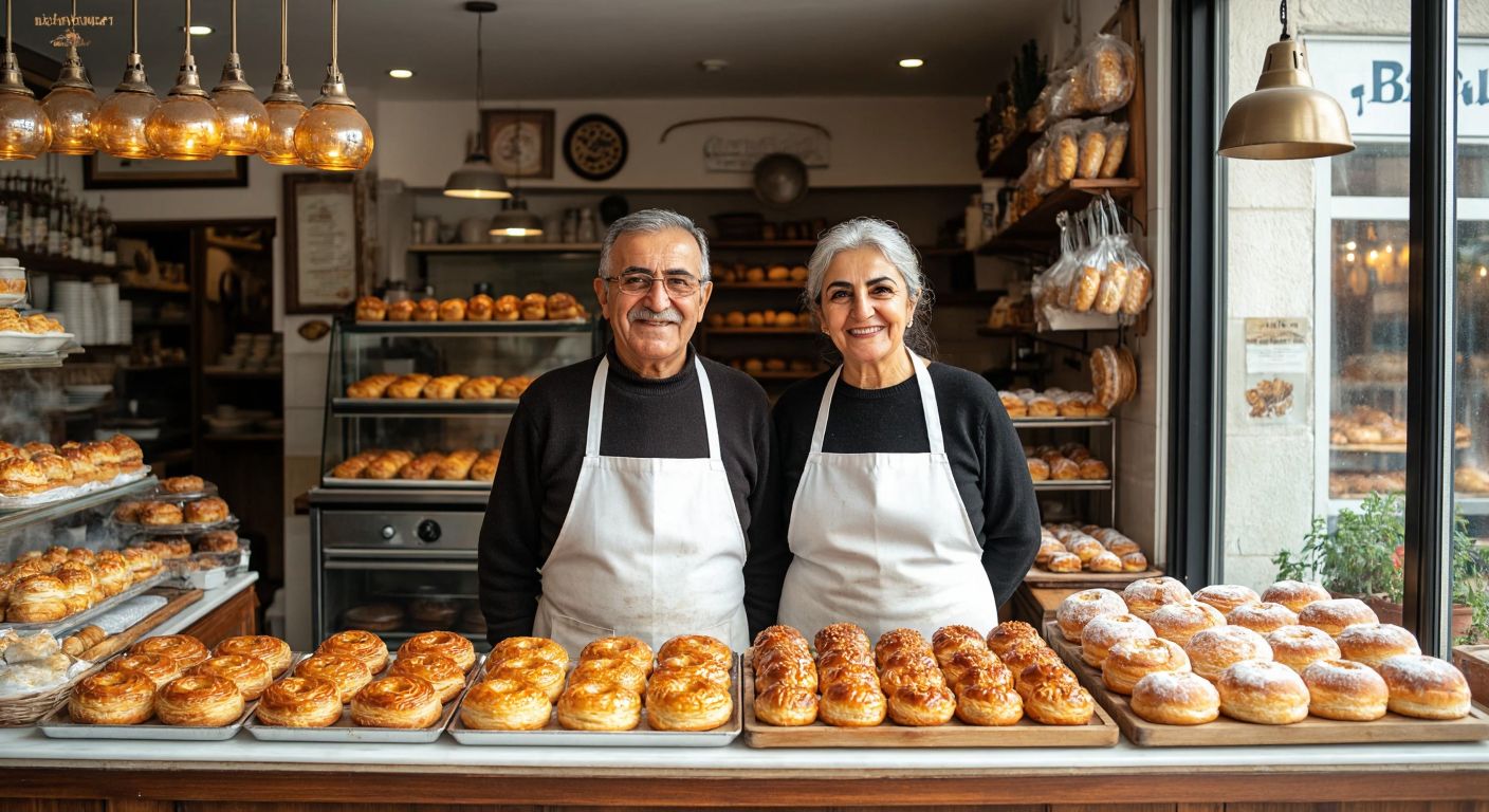 A cozy Turkish bakery with warm golden pastries in the display, an elderly couple (Şahin and Nesrin Kiper) smiling proudly behind the counter, wearing traditional white aprons.