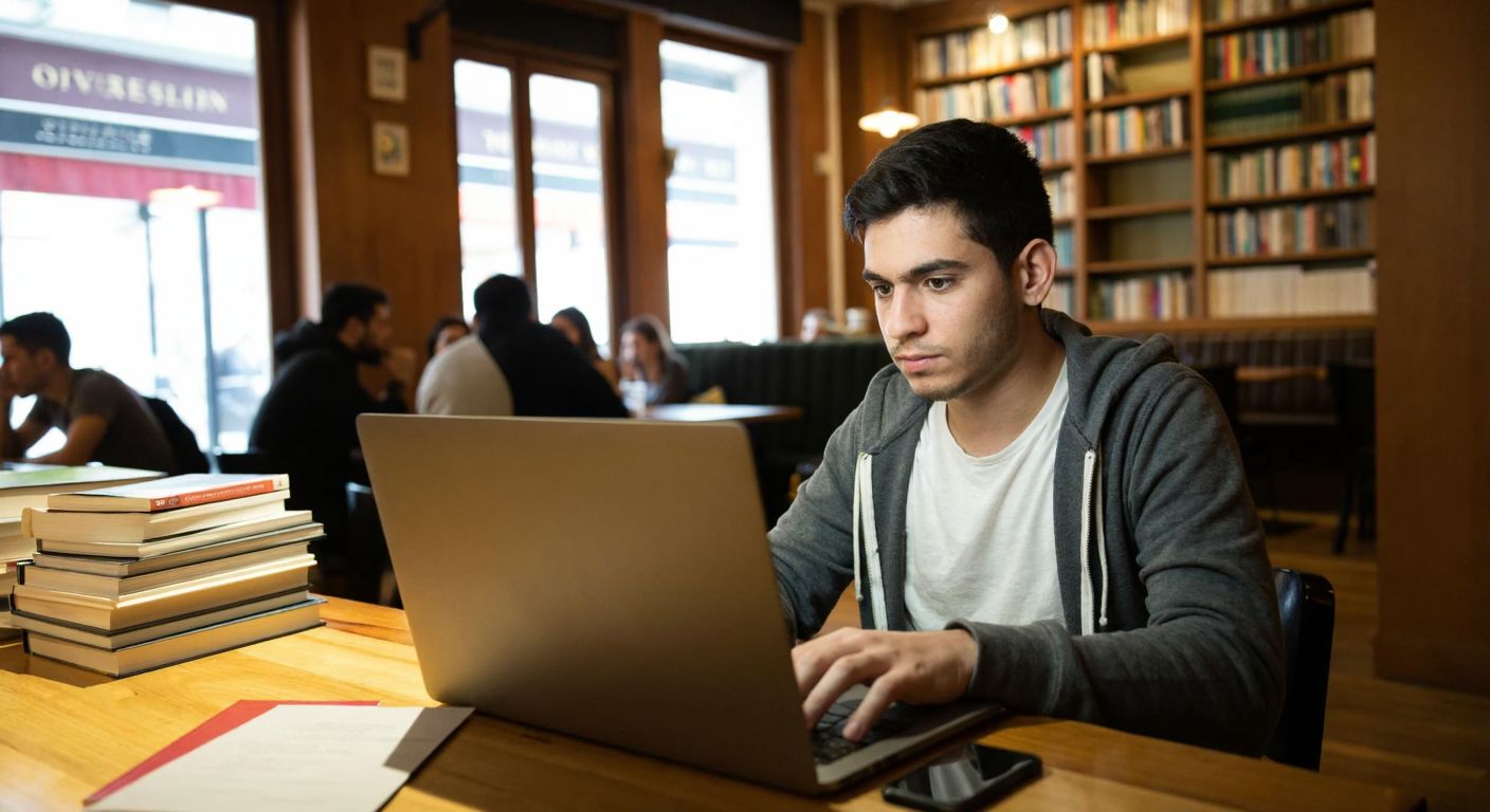 A focused young student in a cozy Turkish café, surrounded by stacks of philosophy books, eagerly browsing a laptop screen with a determined expression.