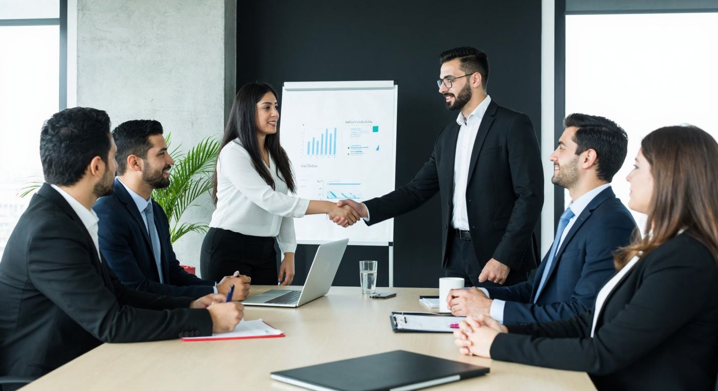 A modern Turkish office scene with a diverse group of professionals engaged in different HR activities: one reviewing resumes at a desk, another conducting a training session with a flipchart, and a third shaking hands with an employee while holding a benefits folder.