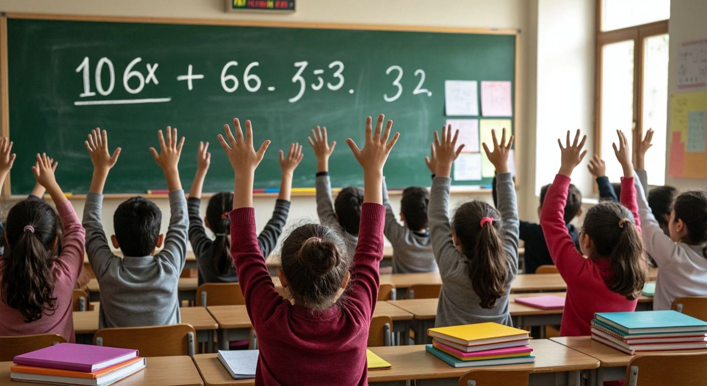 A Turkish middle school classroom with students eagerly raising their hands as a teacher writes algebraic expressions like "10x + 63" on a green chalkboard, surrounded by colorful notebooks and pencils.