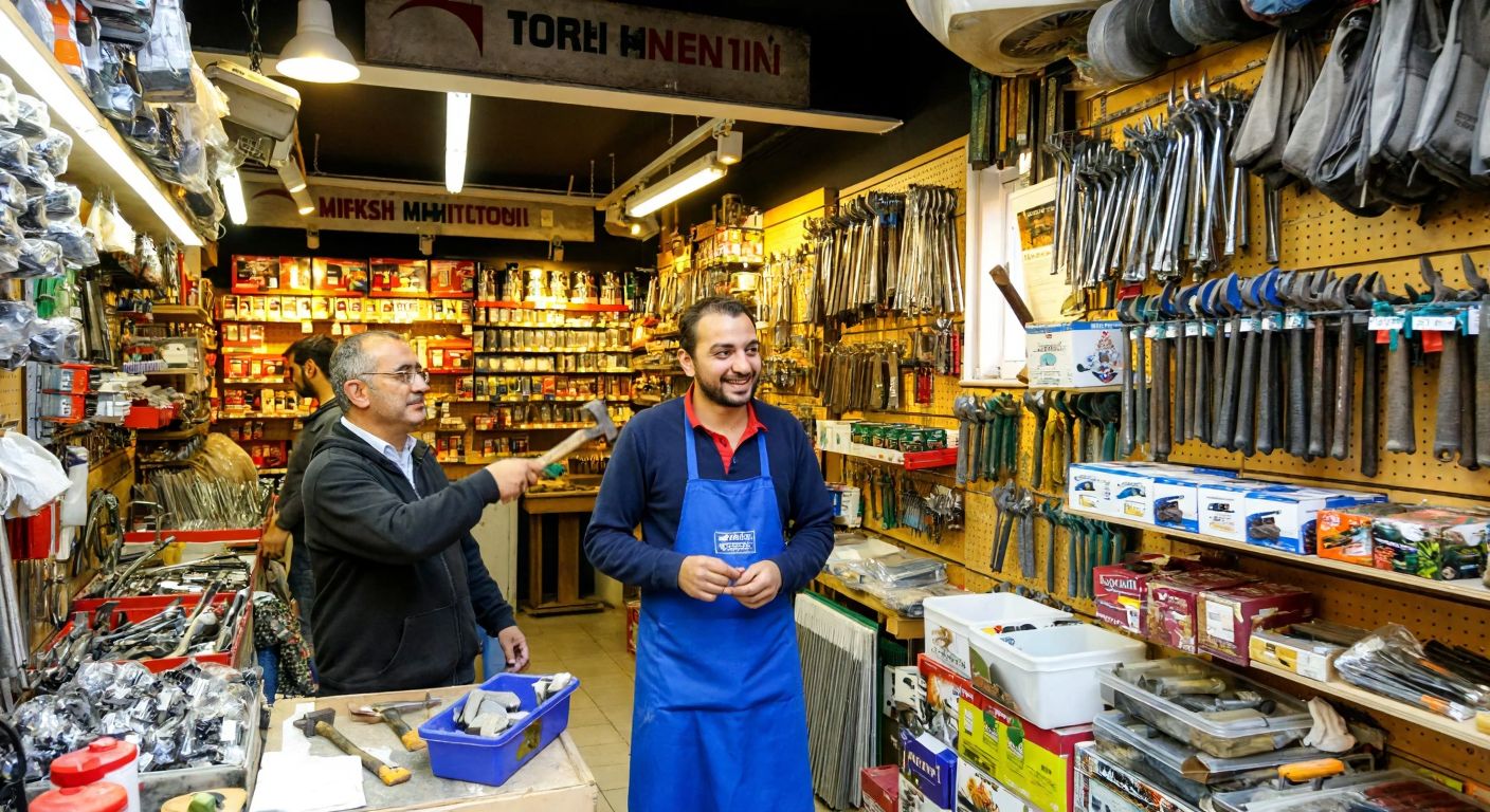 A bustling Turkish hardware store with shelves filled with tools, a smiling shopkeeper in a blue apron, and a customer examining a hammer, under warm lighting.