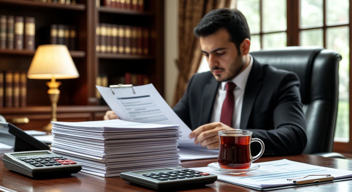 A Turkish accountant in a formal office setting reviews financial documents with a focused expression, while a stack of organized reports labeled "BOBİ FRS" sits prominently on the desk beside a calculator and a steaming cup of Turkish tea.
