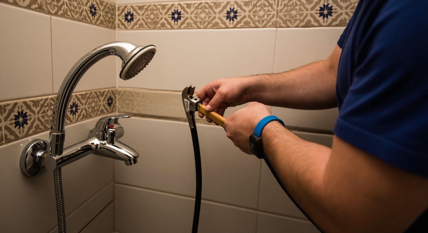A person in a Turkish bathroom carefully connecting a shower hose to a faucet while holding a wrench, with ceramic tiles and a shower head nearby.