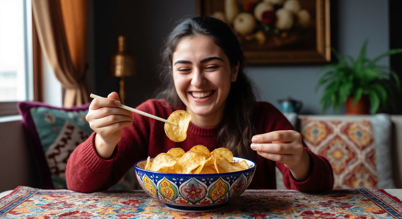 A person in a cozy Turkish home holds a chopstick-like chip-eating tool, delicately picking up a crispy golden potato chip from a colorful bowl while smiling with satisfaction.