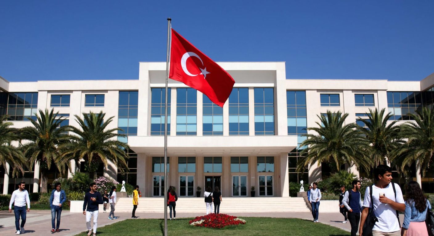 A grand, modern university building in Tarsus with a Turkish flag waving proudly in front, surrounded by students in casual attire chatting under the shade of palm trees.