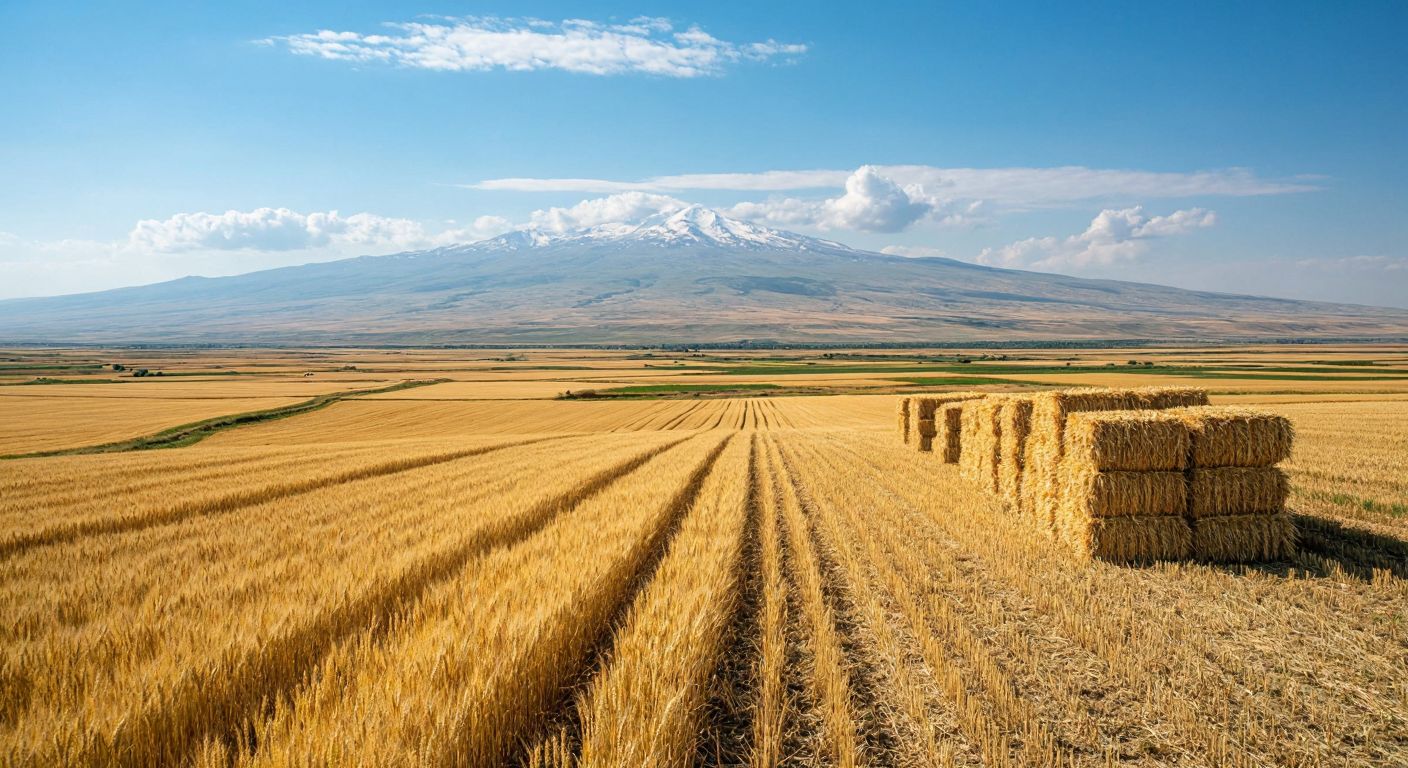 A vast golden wheat field stretches under a clear blue sky in Ağrı Ovası, with bundles of barley and sugar beets stacked neatly nearby, while distant marshlands shimmer with rows of cotton, hemp, and rice paddies.