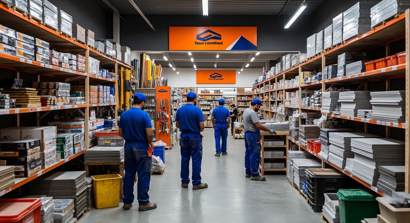 A bustling Turkish construction market with shelves stocked with tools and building materials, workers in blue overalls assisting customers, and a signless storefront displaying the company's logo in muted colors.
