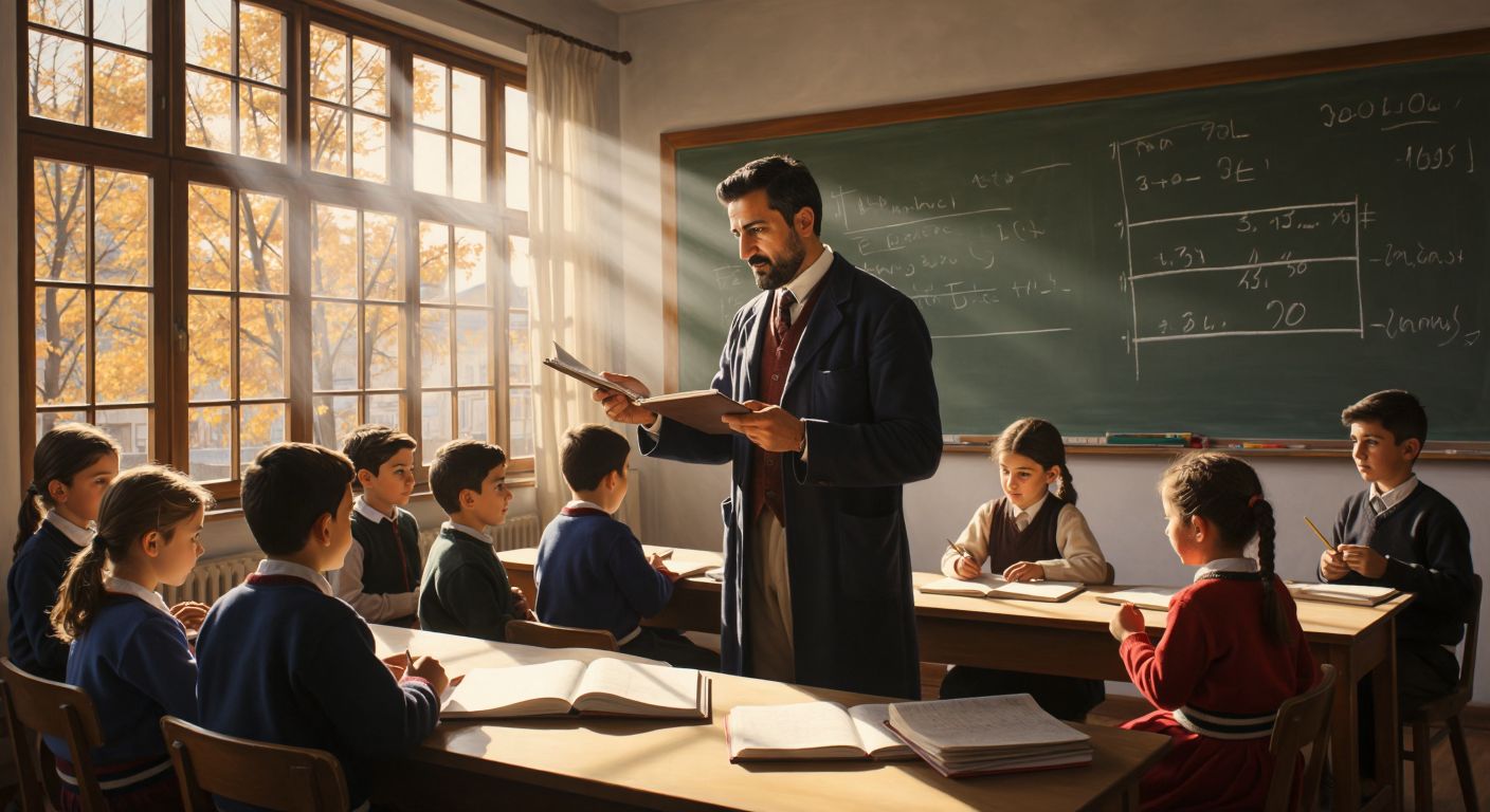 A Turkish teacher in a sunlit classroom writes fractions on a blackboard with chalk while students watch attentively, their notebooks open to pages filled with fraction problems.