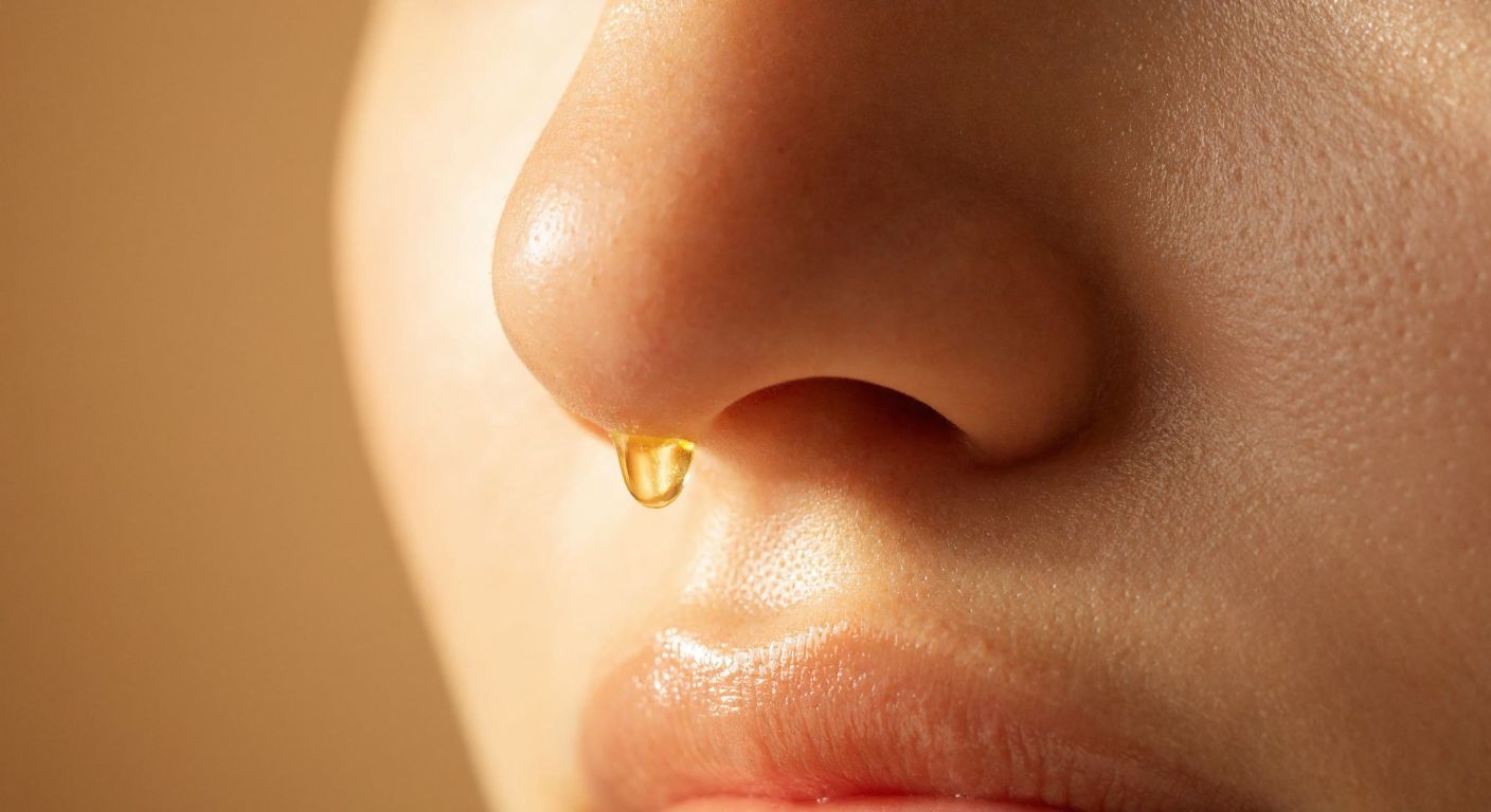 A close-up of a glowing, healthy human skin pore with a tiny sebaceous gland secreting oil, set against a warm, neutral-toned background.