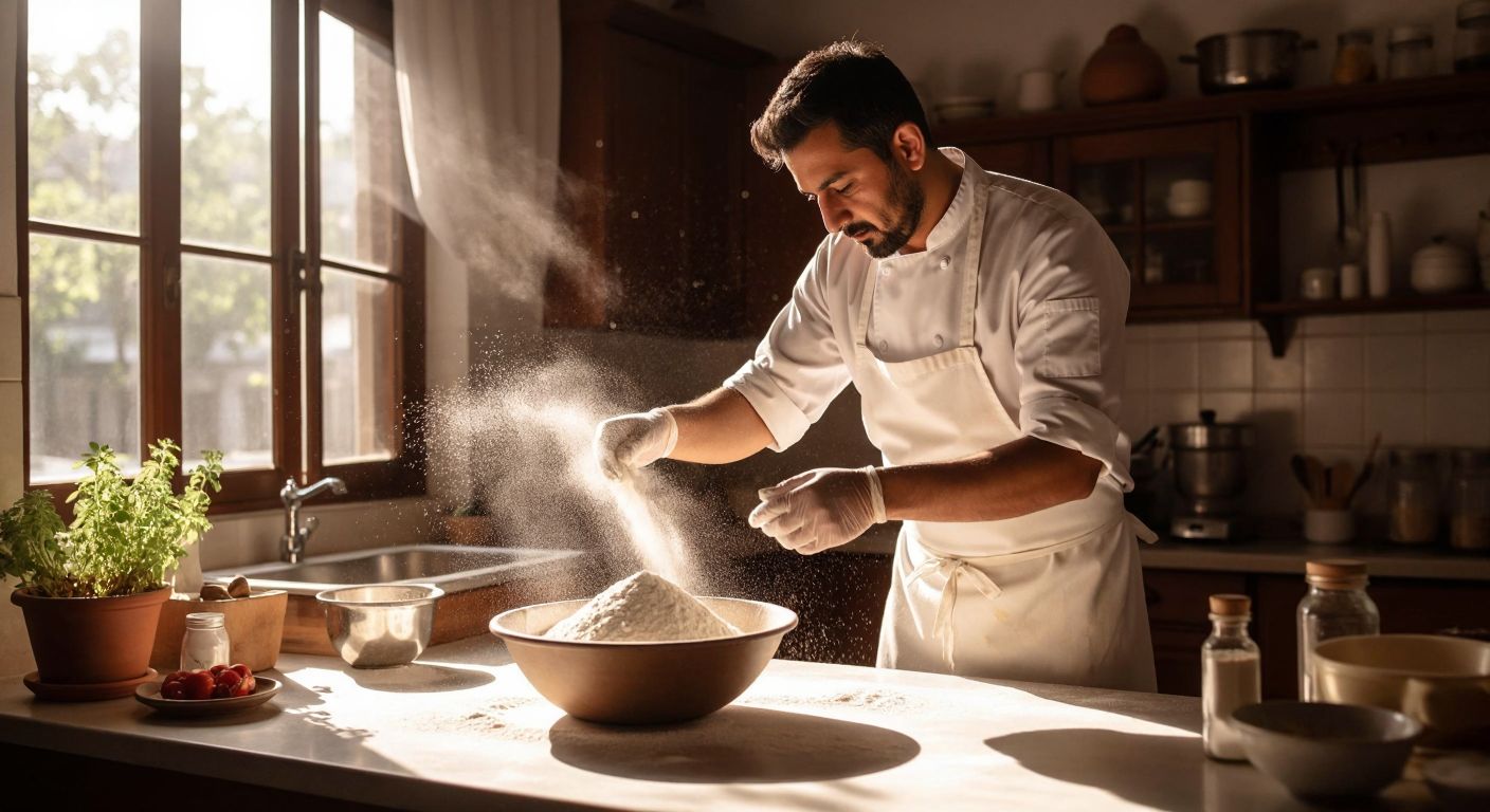 A Turkish chef in a white apron sprinkles fine white trikalsiyum fosfat powder over a bowl of flour in a sunlit kitchen, preventing clumps while preparing dough.