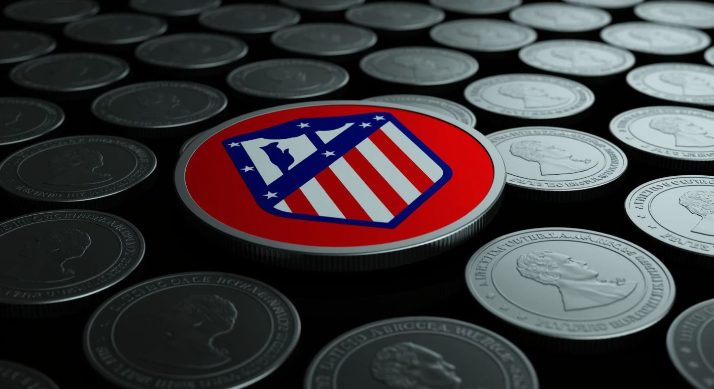 A digital coin with the Atletico de Madrid logo glowing against a dark background, surrounded by a limited number of identical coins fading into the shadows.