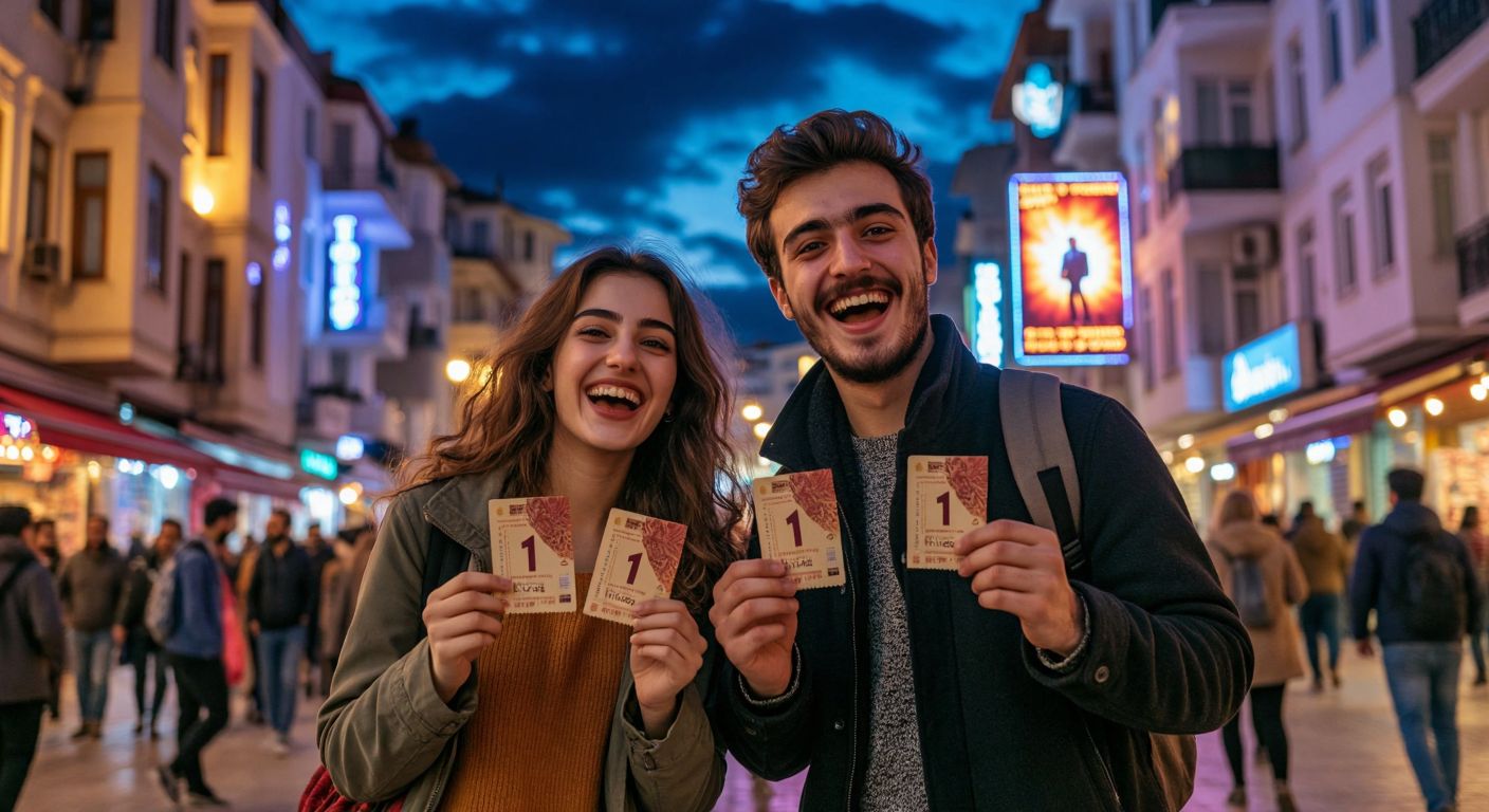 A cheerful young couple in a bustling Turkish city excitedly holds up two concert tickets, one marked with a "1 TL" sticker, while a vibrant event poster for a local musician glows in the background.