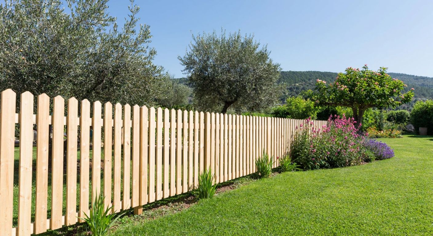 A lush green garden with a freshly installed wooden fence standing at 150 cm tall, surrounded by vibrant flowers and a small olive tree in the background under a sunny Turkish sky.