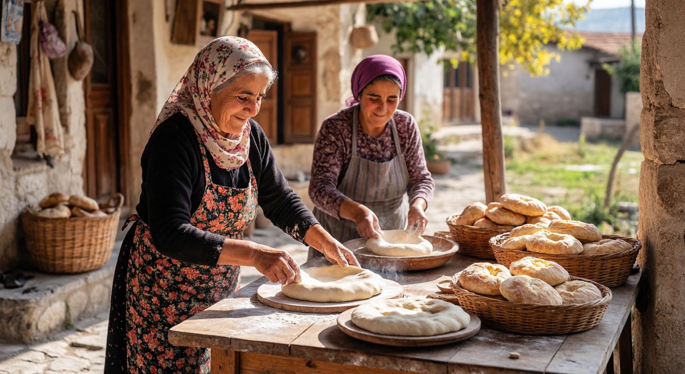 A warm, sunlit village courtyard in Isparta, where an elderly woman in a floral headscarf skillfully rolls out thin dough on a wooden table, while another bakes it on a traditional sac over an open fire, surrounded by baskets of fresh, golden yufka bread and smiling neighbors sharing the fragrant loaves.