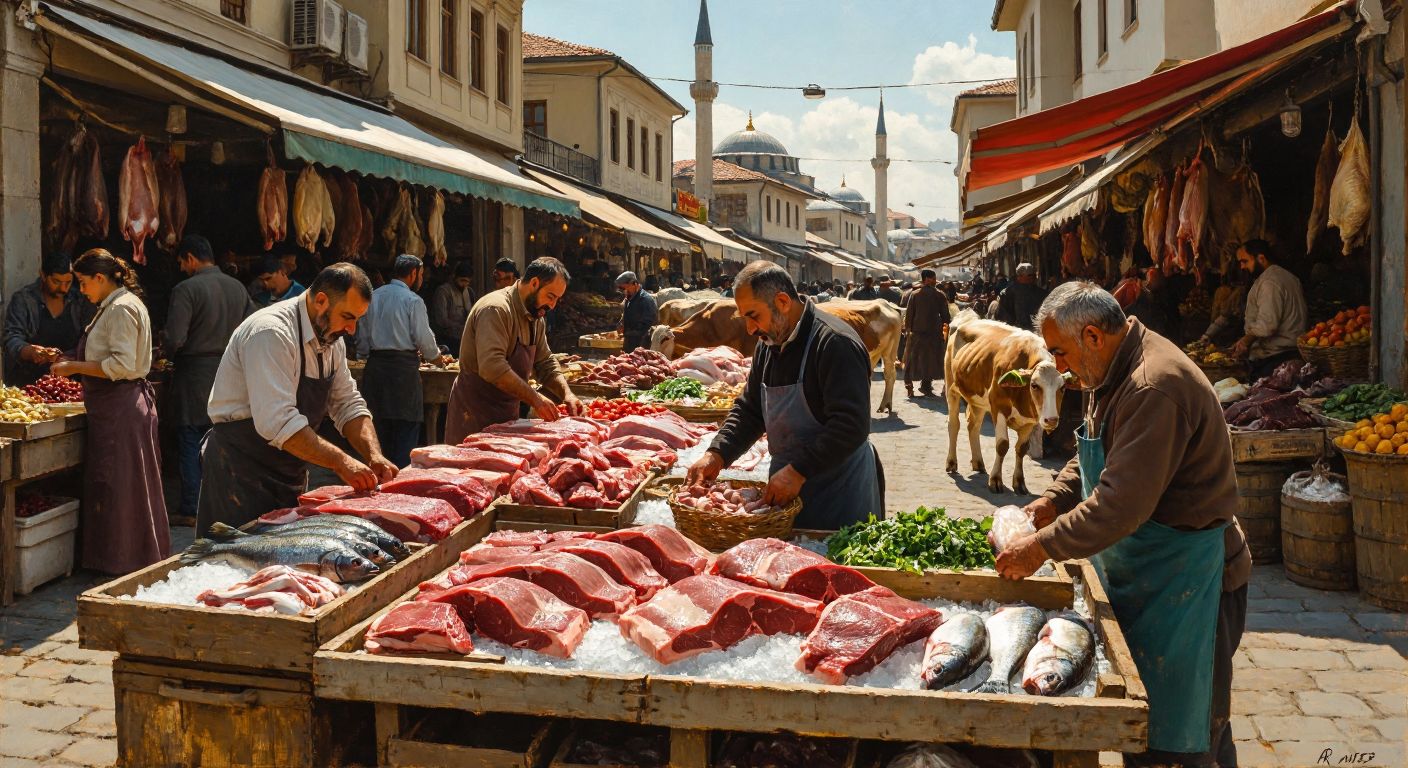 A bustling Turkish marketplace with vendors arranging fresh cuts of meat and fish on ice, while farmers unload livestock in the background, under a warm sun.