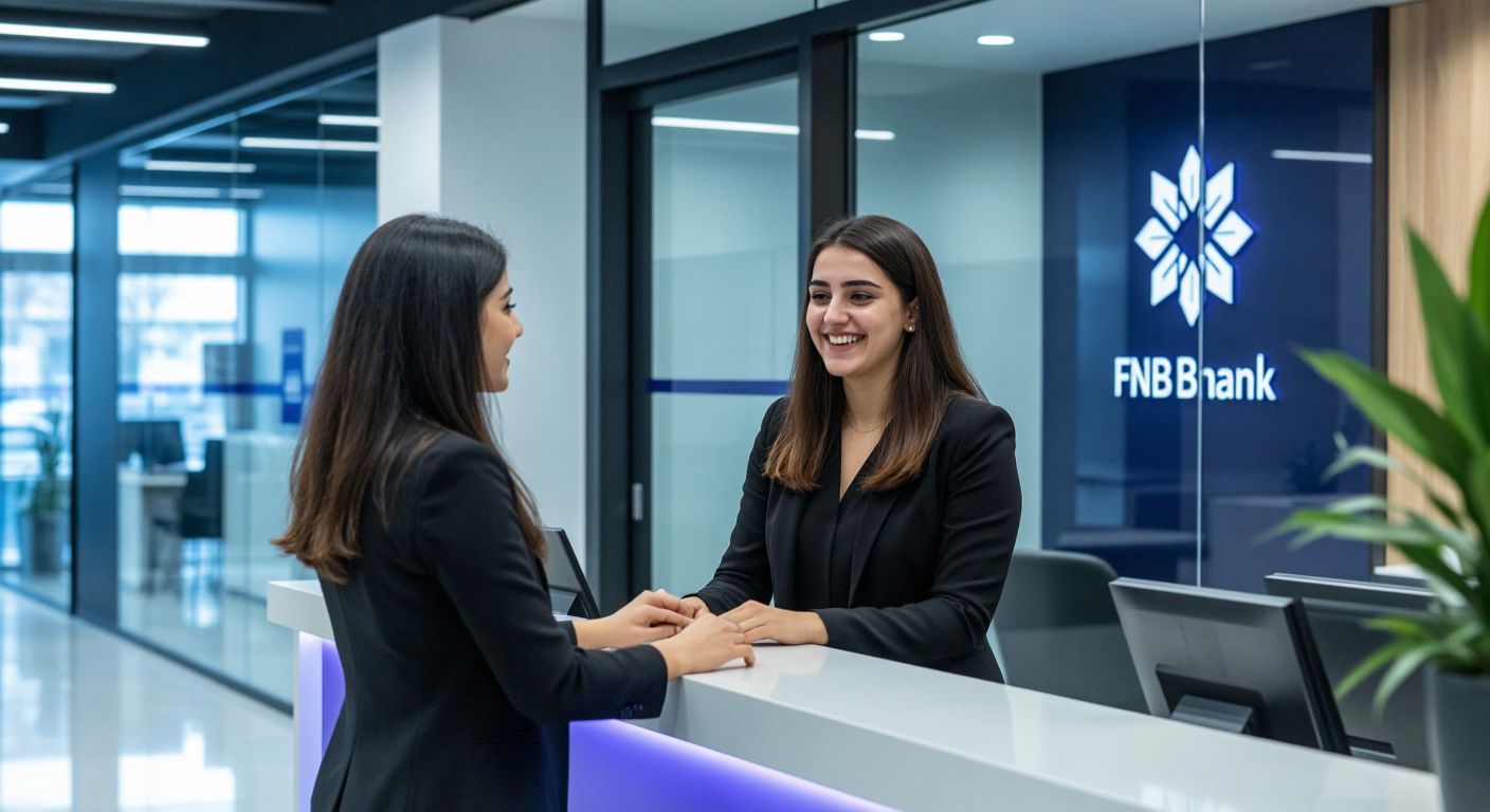 A modern Turkish bank branch with a smiling customer service representative assisting a curious client, framed by a sleek glass facade and the QNB Finansbank logo subtly visible in the background.