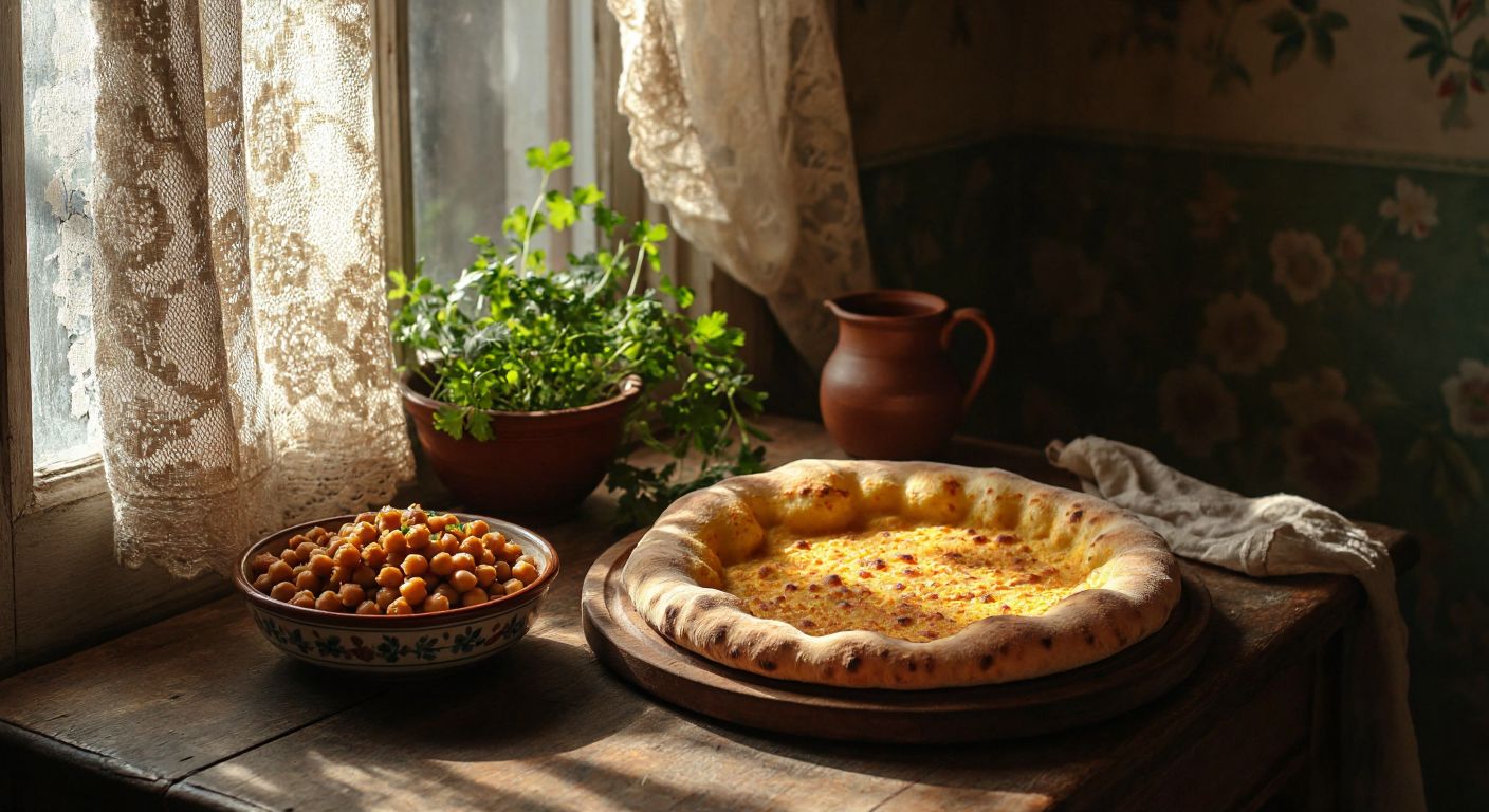 A rustic wooden table in a Turkish kitchen holds a golden-brown chickpea flatbread beside a small bowl of cooked chickpeas and a single slice of traditional bread, with warm sunlight streaming through a lace-curtained window.