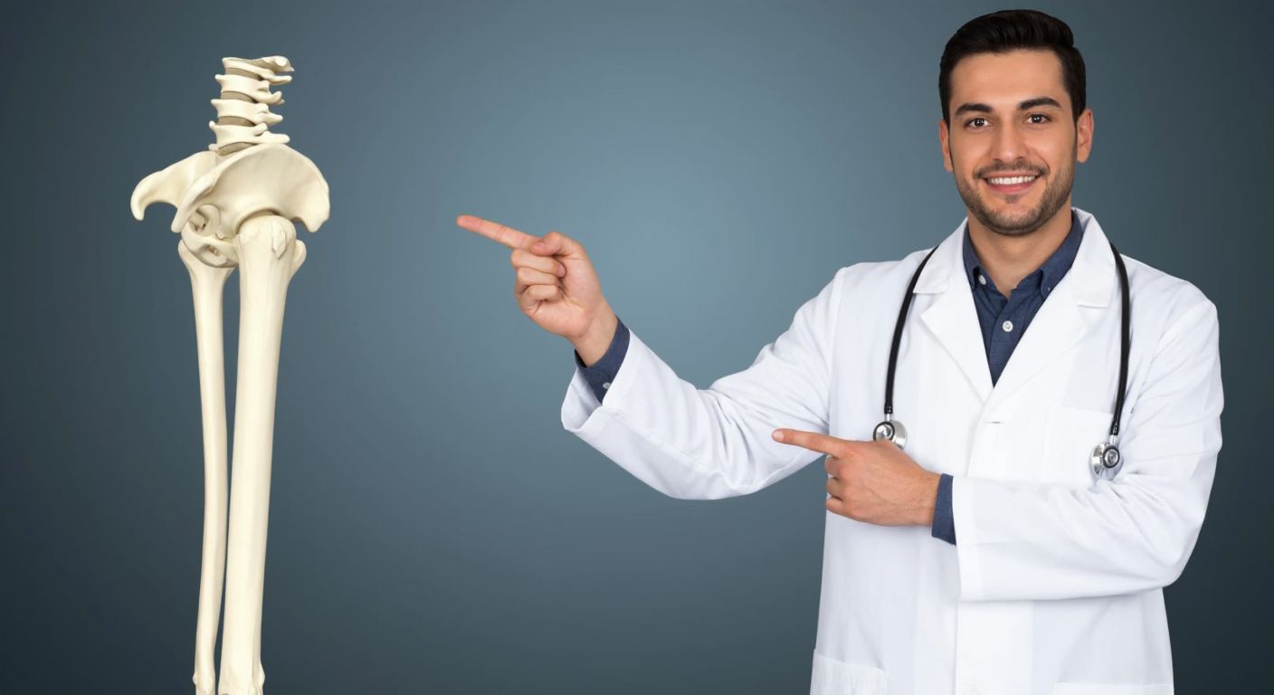 A detailed anatomical illustration of a human femur bone, isolated against a neutral background, with a Turkish doctor in a white coat pointing to it with a confident expression.
