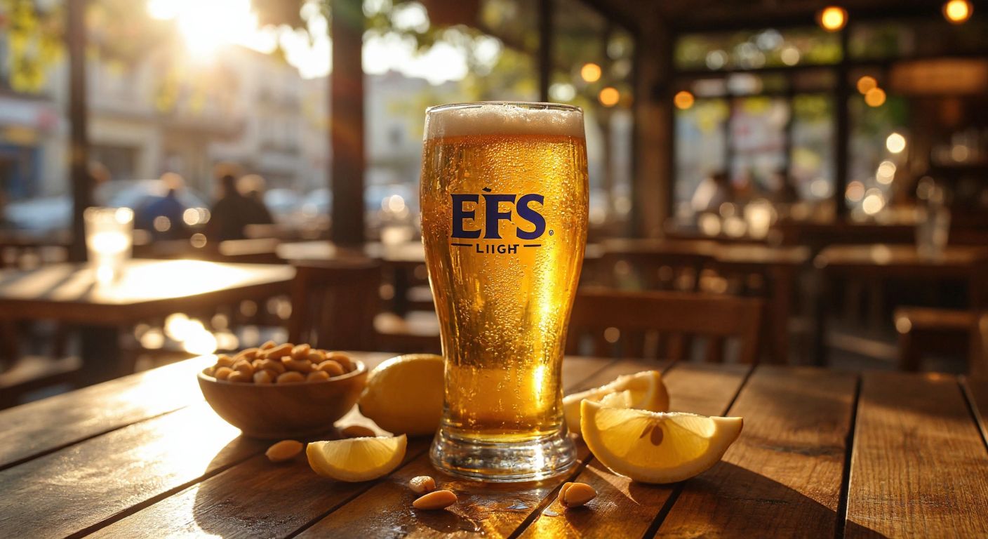 A chilled glass of golden **Efes Light** beer sits on a wooden table in a sunny Turkish café, with condensation dripping down the glass, surrounded by a few lemon slices and a small bowl of salted nuts.