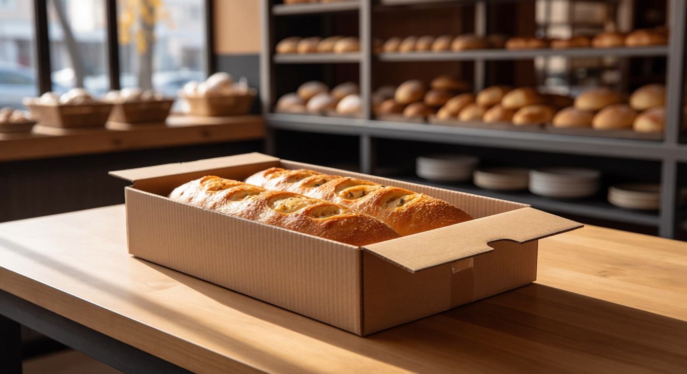A sturdy, lightweight cardboard box with a golden-brown pide nestled inside, wrapped in heat-retaining material, placed on a wooden table in a bustling Turkish bakery.
