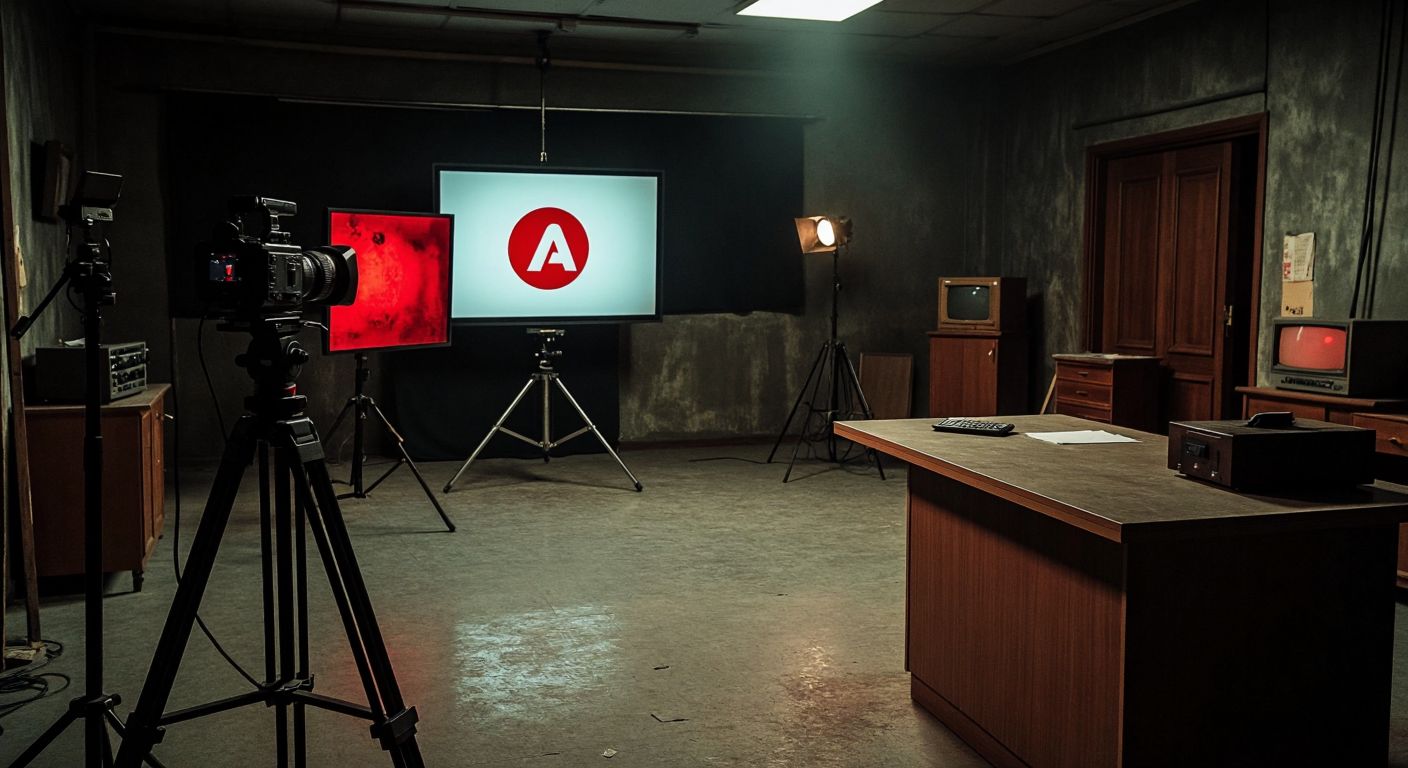 A dimly lit, empty television studio in Ankara with a single camera left on a tripod, its red recording light off, while a dusty "Kanal A" logo plaque sits abandoned on a desk.