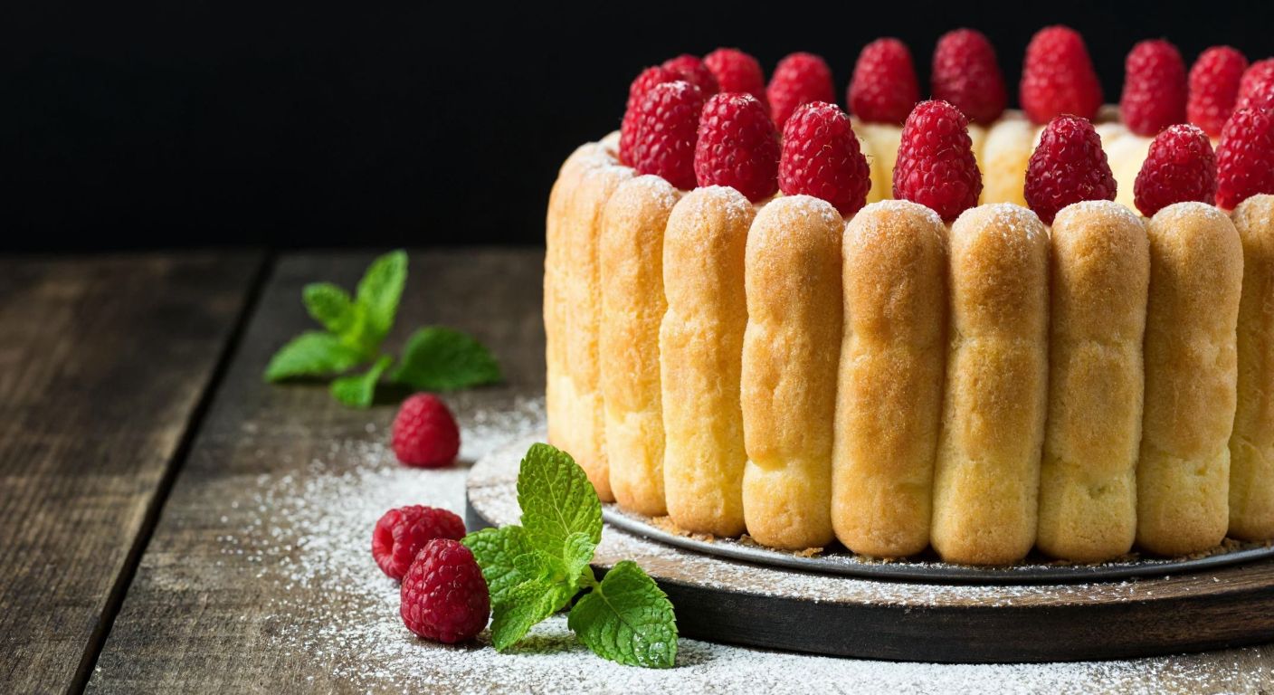 A golden-brown French charlotte dessert, layered with ladyfinger biscuits and topped with fresh red berries, sits on a rustic wooden table beside a dusting of powdered sugar and a sprig of mint.