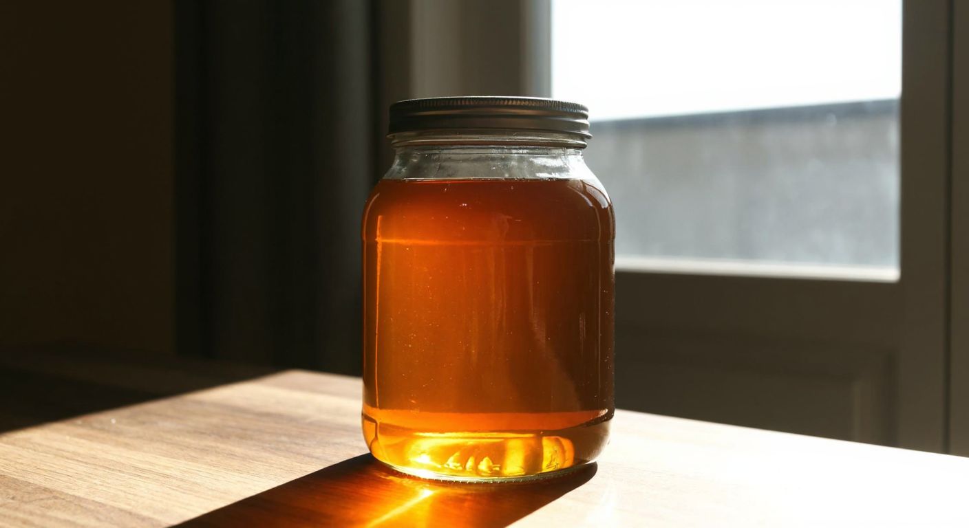 A clear glass jar with a metal lid, filled to the brim with golden honey, sitting on a wooden table in a sunlit Turkish kitchen.