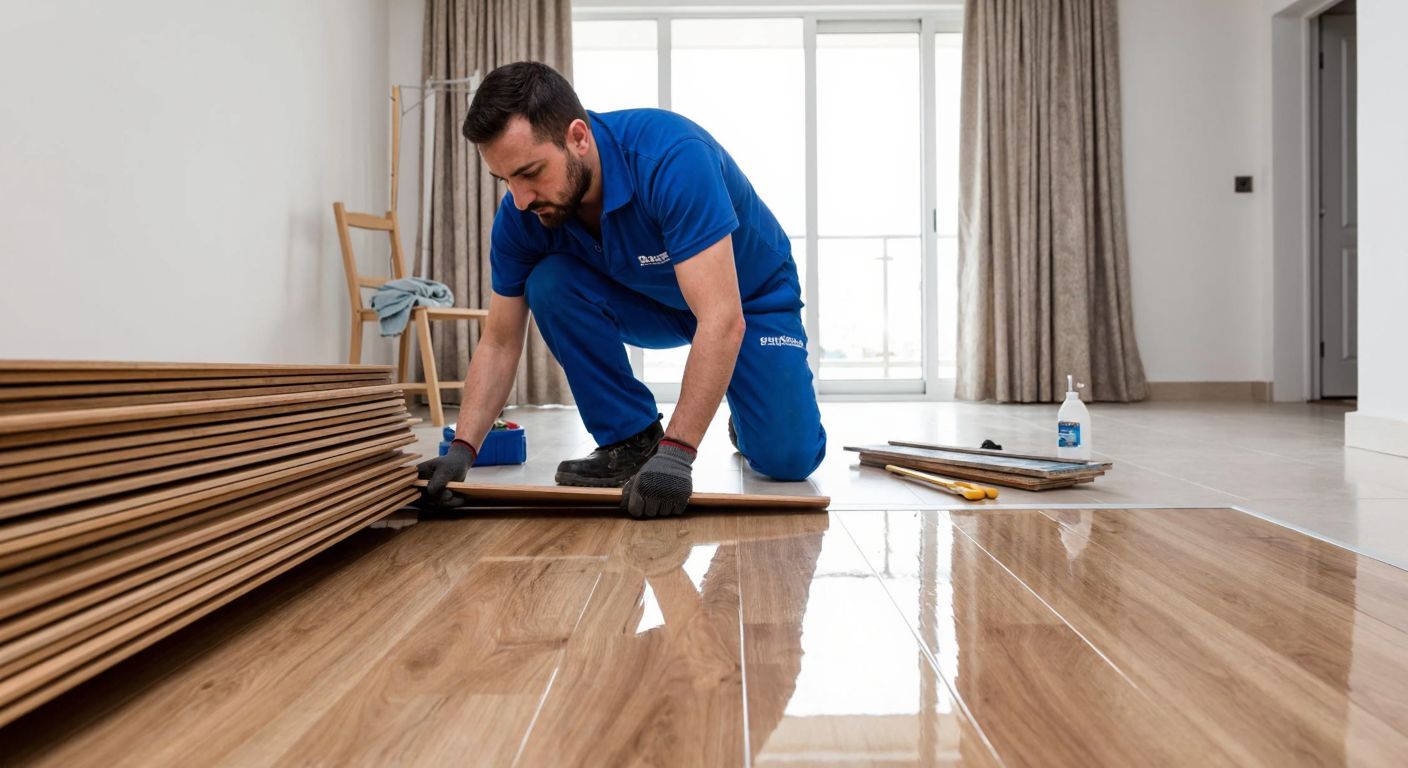 A skilled worker in a blue uniform carefully installing glossy laminate flooring in a modern Turkish home, with neatly stacked planks and tools nearby.