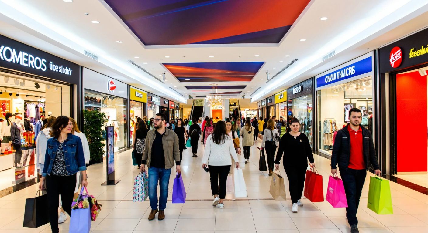 A bustling, modern shopping mall in Istanbul with vibrant storefronts displaying clothing, cosmetics, and fast-food outlets, filled with diverse shoppers carrying colorful bags under bright ceiling lights.
