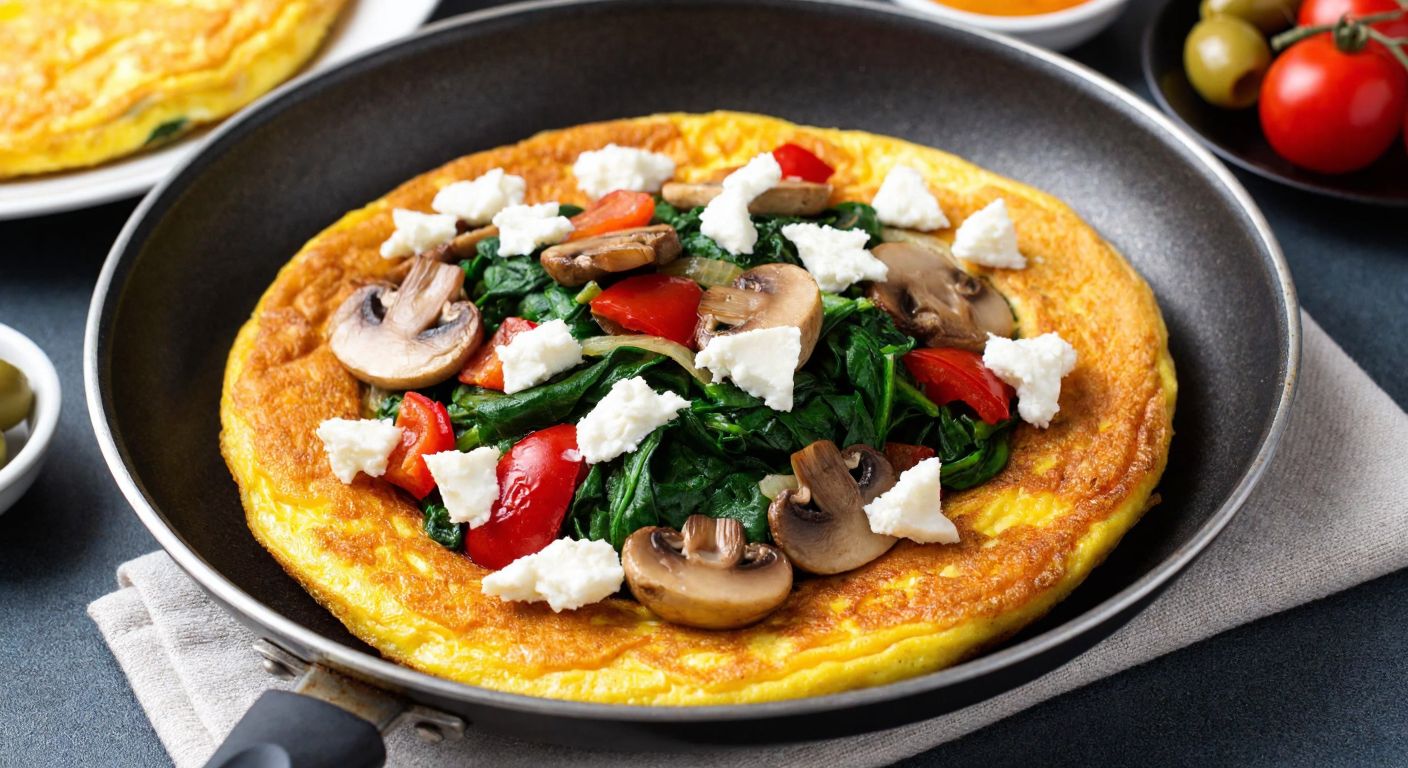 A golden-brown omelet sizzling in a pan, filled with fresh spinach, mushrooms, and diced peppers, topped with crumbled white cheese, served on a rustic Turkish breakfast table with a side of olives and tomatoes.