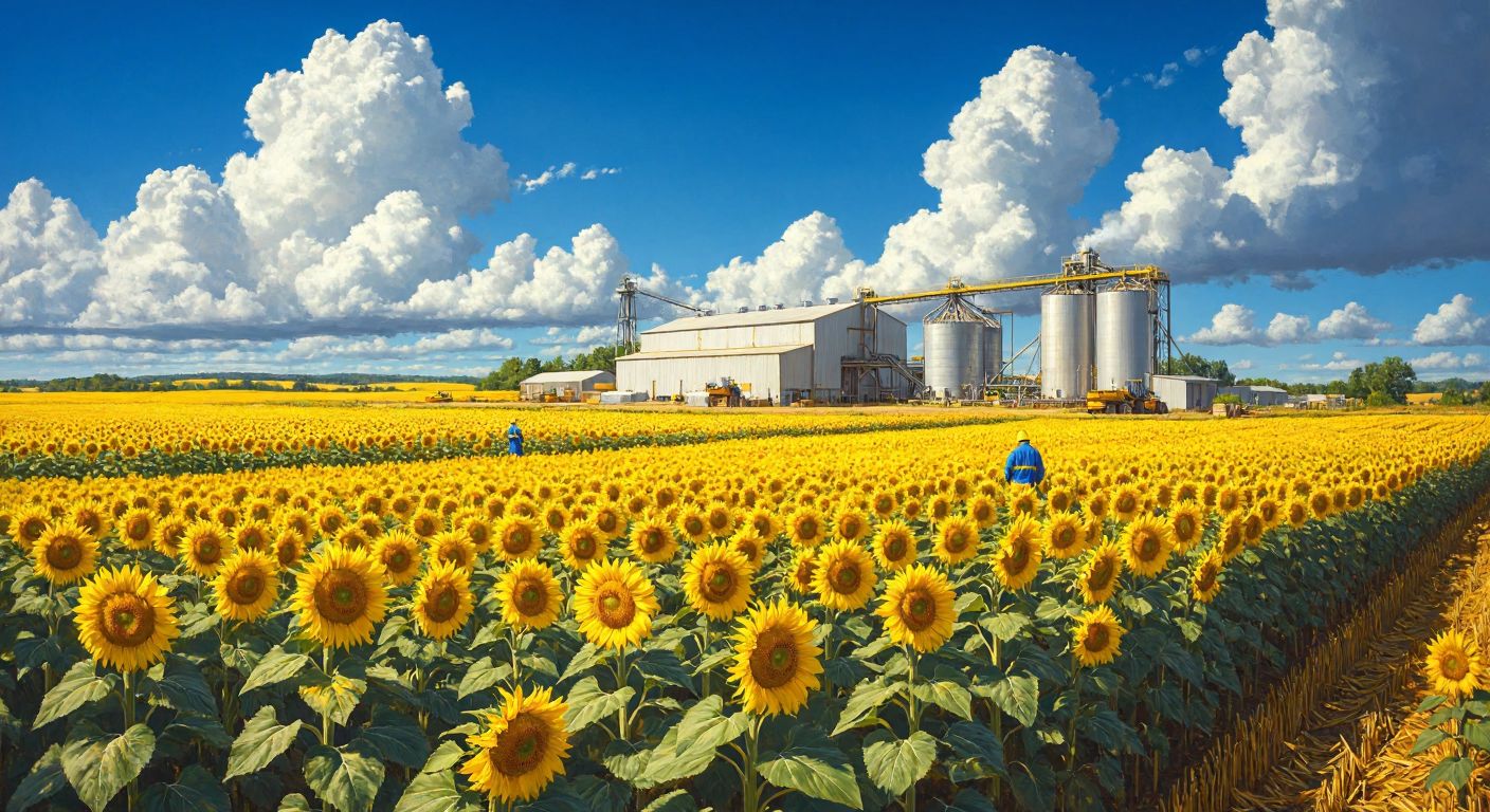 A golden field of sunflowers stretches under a bright blue sky, with a modern agricultural facility in the distance processing seeds into oil, surrounded by sacks of grain and workers in safety gear inspecting the harvest.