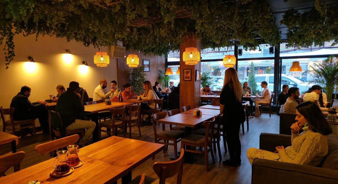 A cozy café in Izmir with warm lighting, wooden tables, and people enjoying non-alcoholic drinks like Turkish tea or coffee, surrounded by lush green plants and soft jazz music playing in the background.