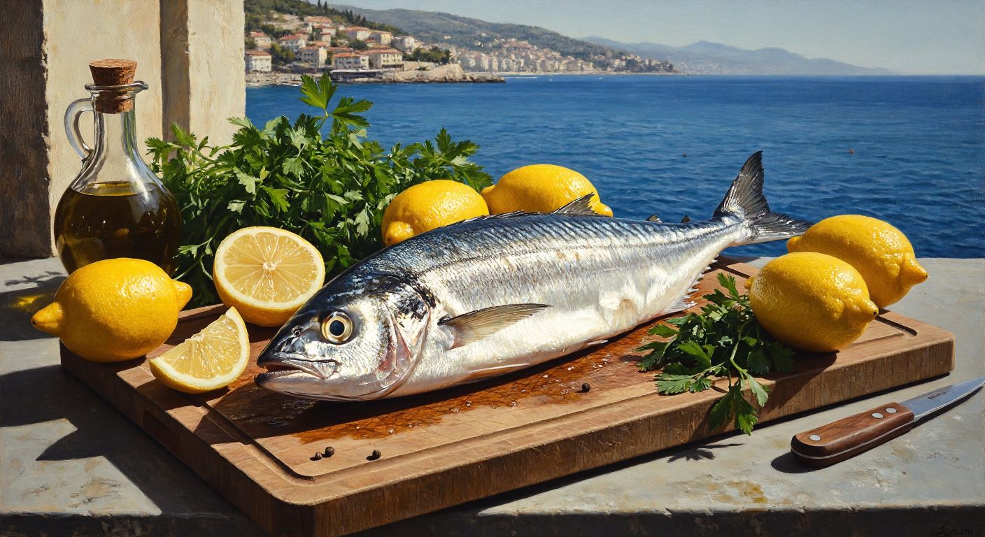 A fresh, glistening palamut fish on a wooden cutting board surrounded by vibrant lemons, parsley, and olive oil, with a Turkish coastal backdrop under golden sunlight.
