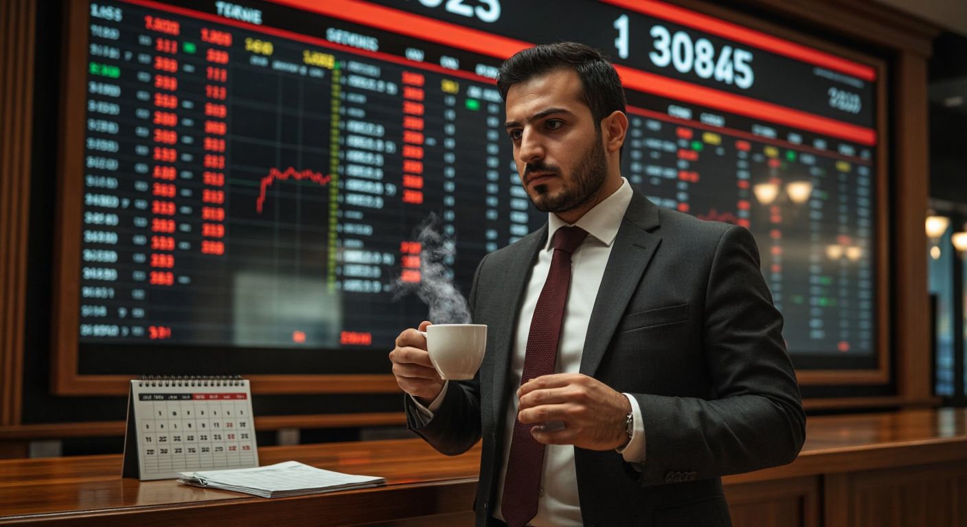 A Turkish businessman in a crisp suit stands in front of a stock market ticker board, holding a steaming cup of çay with a thoughtful expression, while a calendar page flutters to the ground nearby.