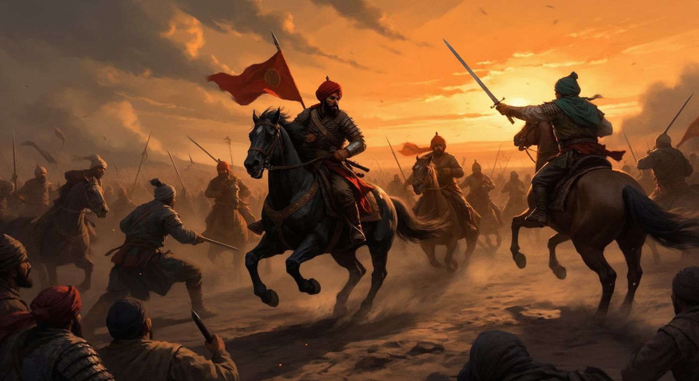 A dramatic battlefield scene at dusk, with Ottoman soldiers in traditional armor and turbans clashing with Mamluk warriors under a fiery orange sky, dust swirling around their charging horses.