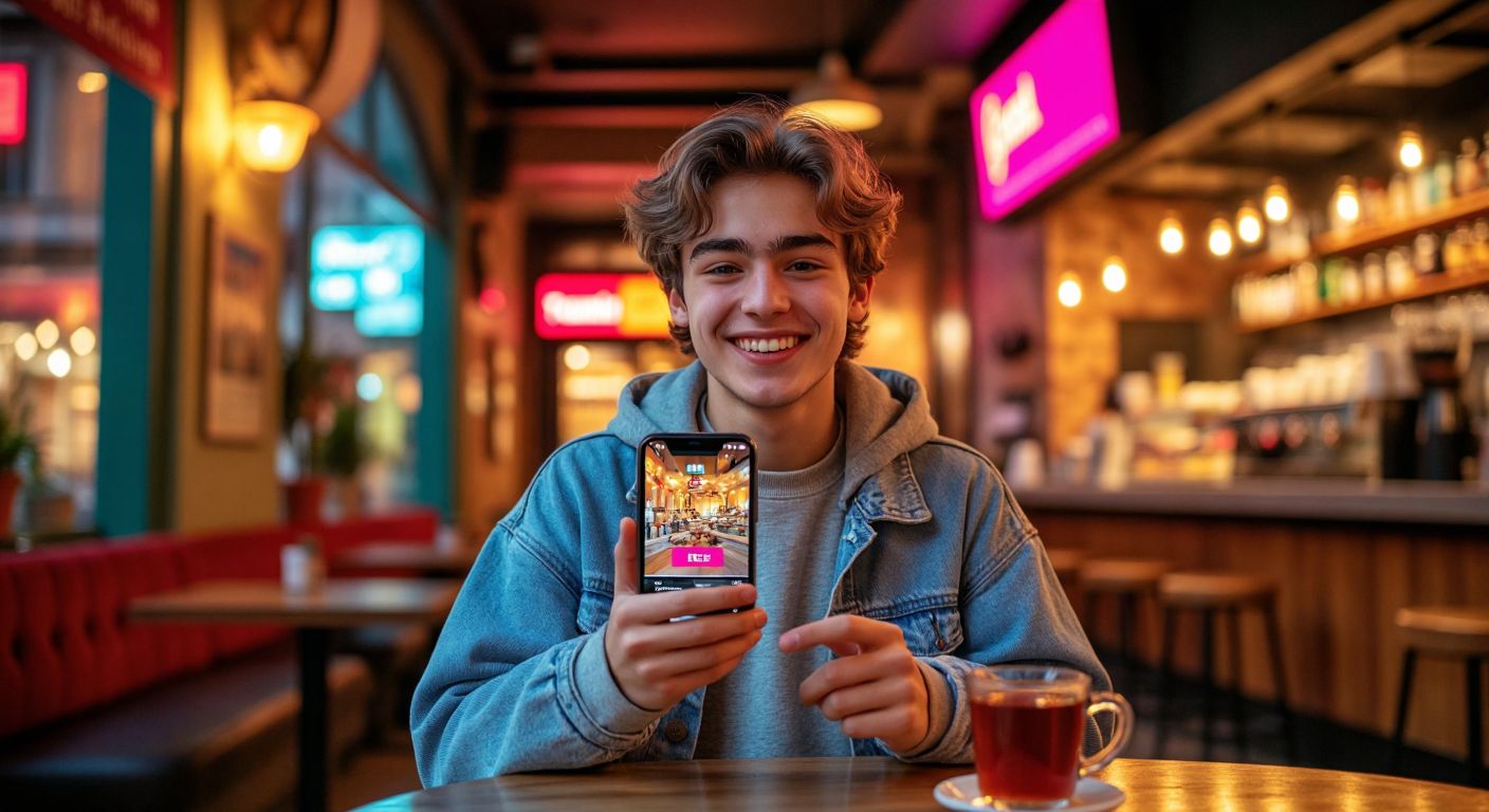 A cheerful young person in a casual outfit holds a smartphone displaying a colorful video download interface, with a small "free" badge glowing in the corner, while a subtle premium upgrade banner hovers nearby, set against a cozy Turkish café backdrop with a steaming cup of çay on the table.