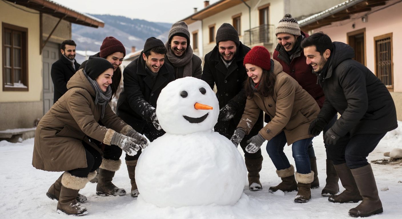 A group of smiling people in winter coats, their cheeks rosy from the cold, collaboratively rolling large snowballs and shaping a snowman in a snowy Turkish village square, with a carrot nose and coal eyes nearby.
