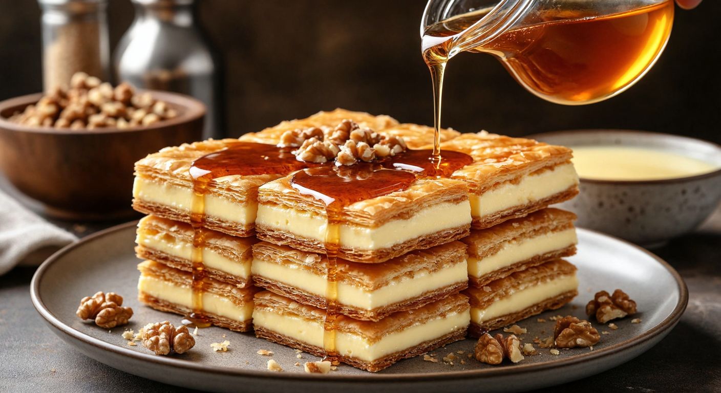 A warm, golden-brown syrup being poured over crisp, stacked etimek slices in a Turkish kitchen, with a creamy custard mixture being whisked in a nearby bowl and crushed walnuts sprinkled on top.