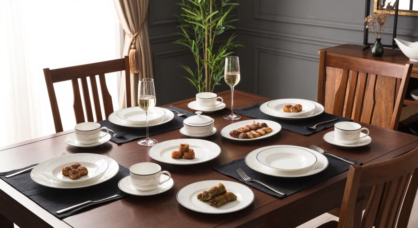 A beautifully set dining table in a Turkish home, featuring the elegant **Emsan Fine Bone Freya** porcelain dinnerware arranged for twelve guests, with warm lighting and traditional Turkish dishes like kebabs and baklava placed invitingly.