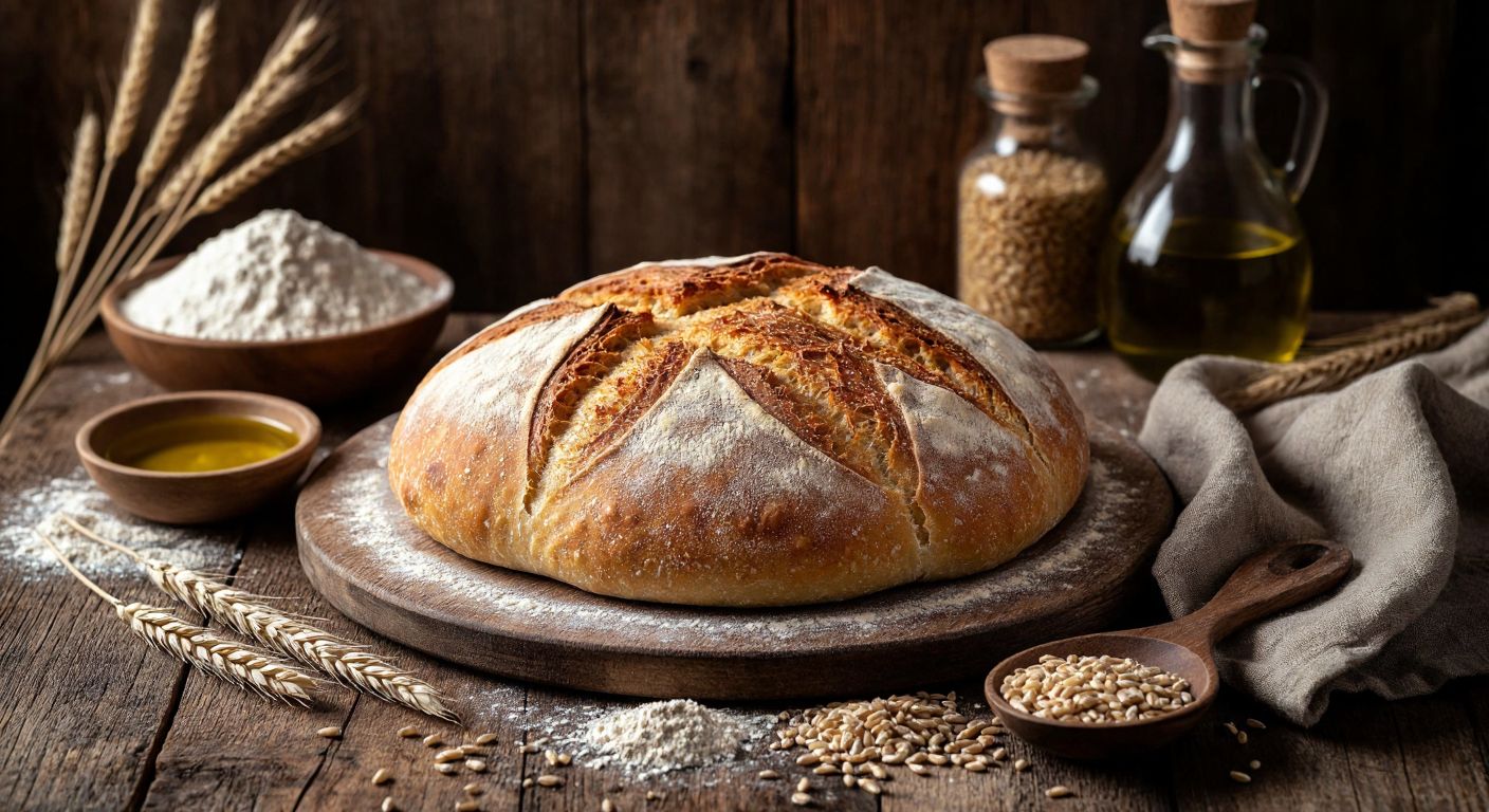 A rustic wooden table in a Turkish kitchen holds a freshly baked loaf of Kersendüz bread, its golden crust cracked slightly, surrounded by whole wheat flour, grains, and a small bowl of olive oil, evoking warmth and natural simplicity.