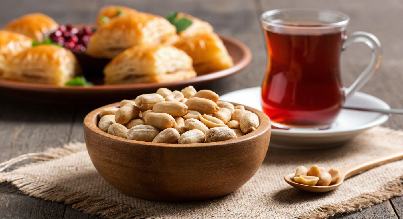 A wooden bowl filled with salted peanuts sits on a rustic table beside a steaming cup of Turkish tea, with a small plate of baklava in the background.