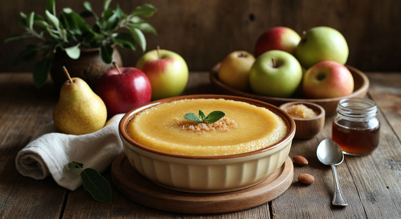 A warm, golden-brown bowl of semolina pudding sits on a wooden table, surrounded by fresh ingredients like apples, pears, and a small jar of molasses, with a smiling Turkish mother gently spoon-feeding her giggling baby.