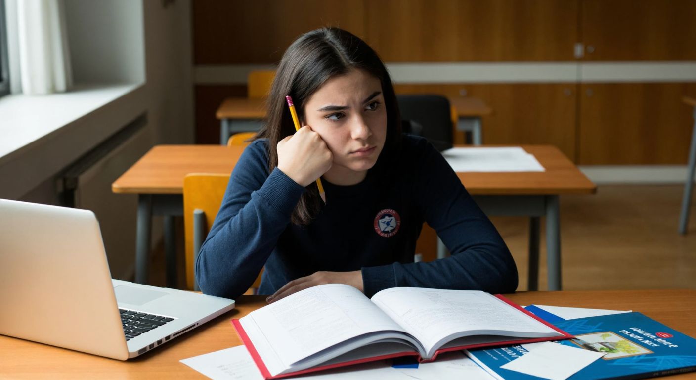A Turkish high school student sits at a wooden desk with an open geometry textbook, looking puzzled while holding a pencil, surrounded by scattered papers and a laptop displaying educational websites.