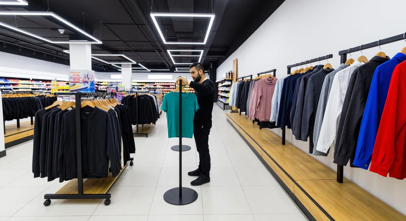 A modern Turkish supermarket aisle with neatly displayed clothing racks and hangers, where a customer in casual attire examines a sleek, freestanding valet stand.