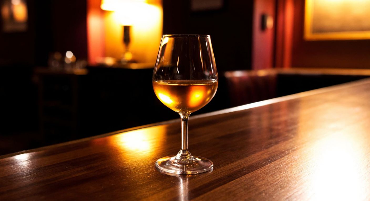 A golden-hued glass of Scotch whisky resting on a polished wooden bar, with a dimly lit, cozy pub setting in the background.
