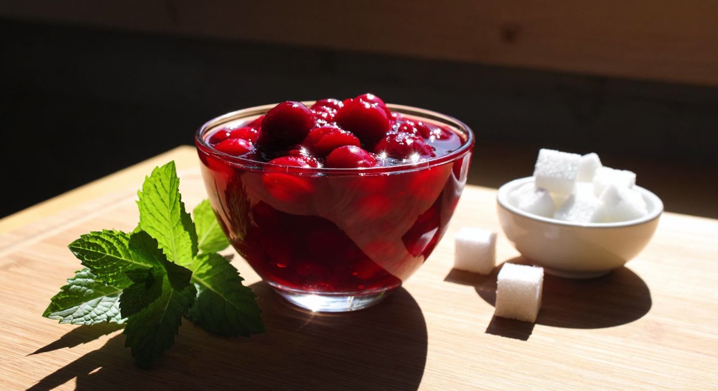 A glass bowl filled with vibrant red cherry compote, glistening with syrup, sits on a sunlit wooden table beside a small bowl of sugar cubes and fresh mint leaves.