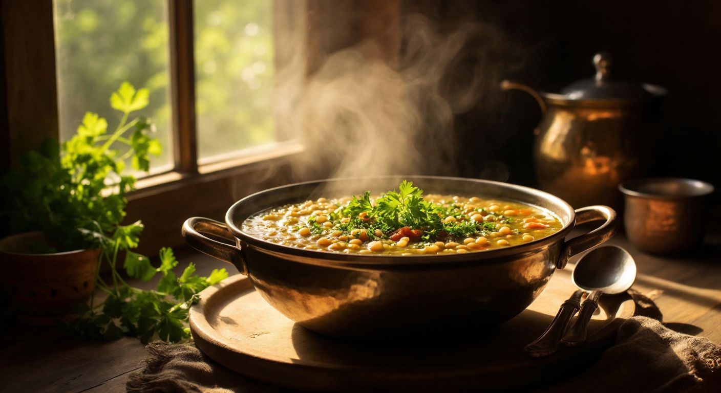 A warm, steaming bowl of green lentil soup with barley pearls, garnished with fresh parsley, sitting on a rustic wooden table in a cozy Turkish kitchen with sunlight streaming through the window.